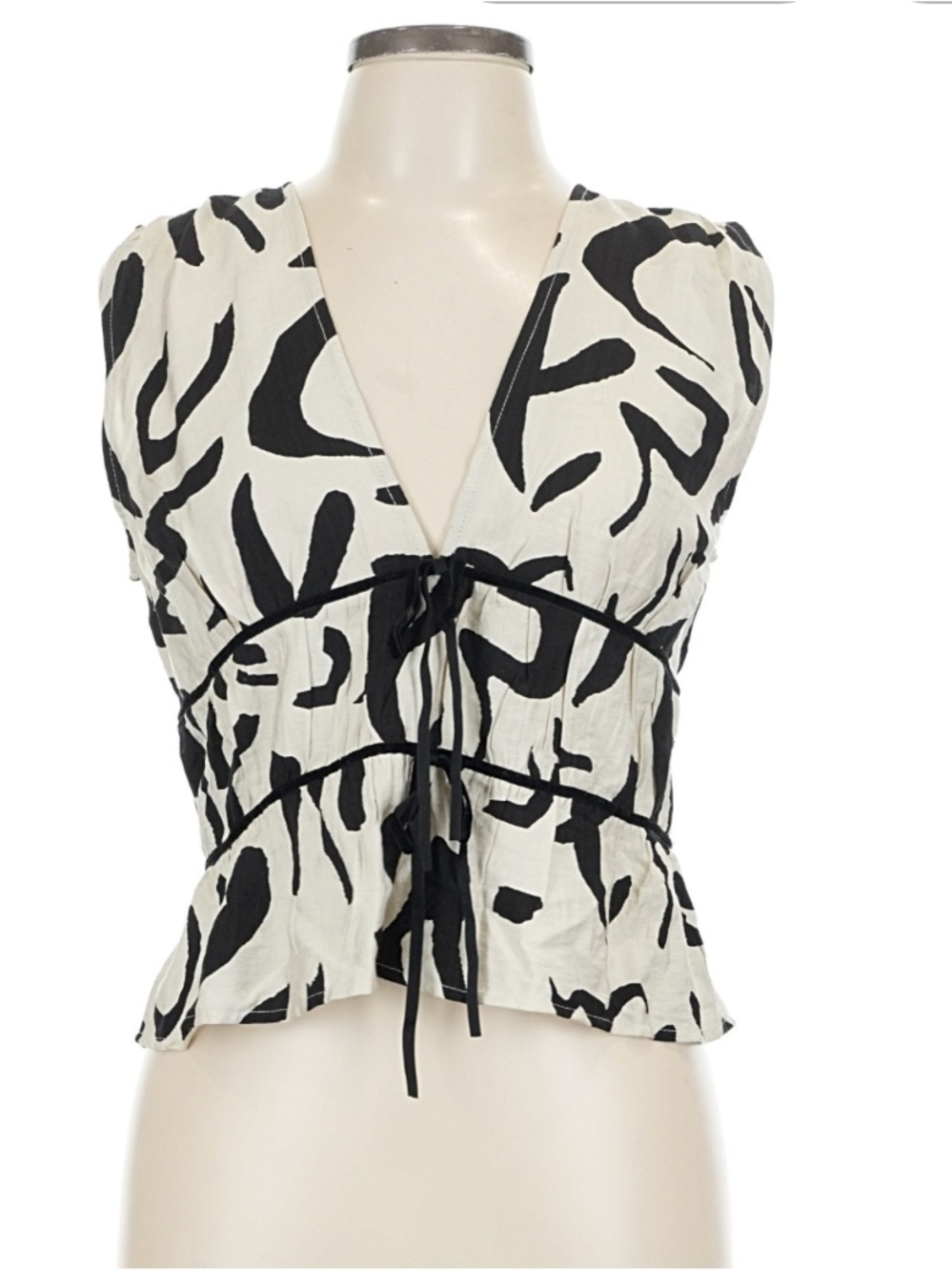 Tulle Black and White Abstract Tie-Front V-Neck Top
